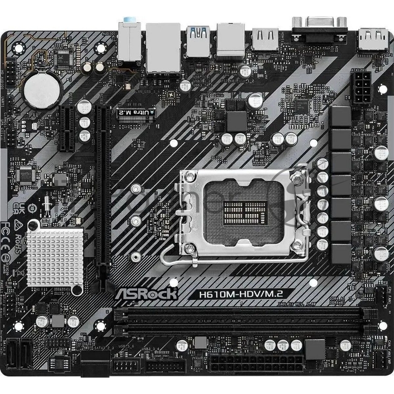 Материнская плата ASRock OEM H610M-HDV/M.2 R2.0, Socket 1700, Intel®H610, 2xDDR4-3200, D-SUB+HDMI+DP, 1xPCI-Ex16, 1xPCI-Ex1, 4xSATA3, 1xM.2, 8 Ch Audio, 1xGLan, (4+2)xUSB2.0, (2+2)xUSB3.2, 1xPS/2, mATX, oem