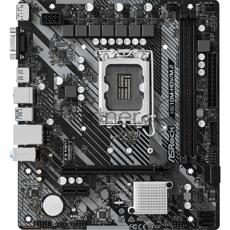 Материнская плата ASRock OEM H610M-HDV/M.2 R2.0, Socket 1700, Intel®H610, 2xDDR4-3200, D-SUB+HDMI+DP, 1xPCI-Ex16, 1xPCI-Ex1, 4xSATA3, 1xM.2, 8 Ch Audio, 1xGLan, (4+2)xUSB2.0, (2+2)xUSB3.2, 1xPS/2, mATX, oem