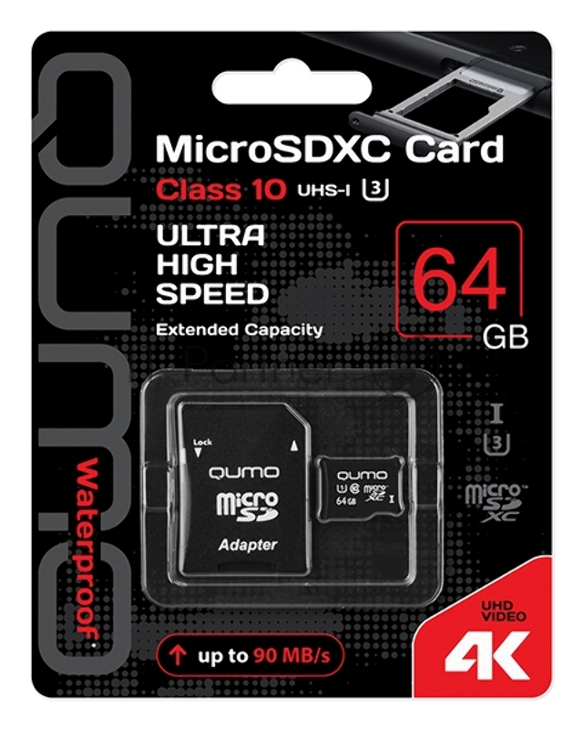 Карта памяти QUMO MicroSDXC 64GB Class 10 UHS-I U3 black adp