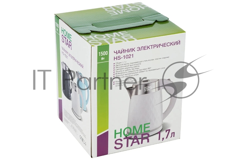 Чайник электрический HOMESTAR HS-1021 1,7л, нержавейка+пластик, белый, двойной корпус, 1500Вт (12)