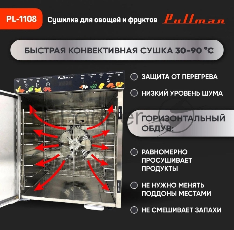 Сушилка для овощей и фруктов Pullman PL-1108, 8 уровней, 17 поддонов, 800 Вт