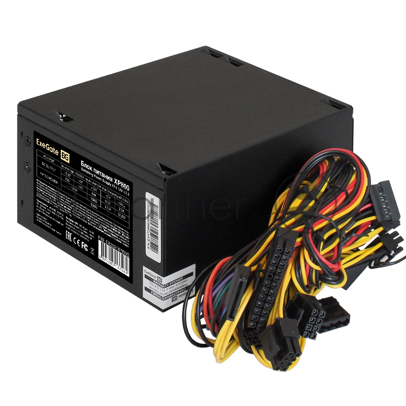 Блок питания ExeGate XP800, 800W, (ATX, SC, 12cm fan, 24pin, 2x(4+4)pin, 2xPCI-E, 5xSATA, 3xIDE, black, кабель 220V 1,8м с защитой от выдергивания)
