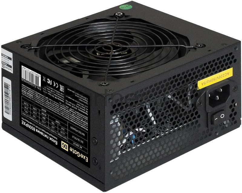 Блок питания ExeGate 850NPXE, 850W, (ATX, PPFC, SC, 12cm fan, 24pin, 2x(4+4)pin, 2xPCI-E, 5xSATA, 3xIDE, black, кабель 220V 1,8м с защитой от выдергивания)