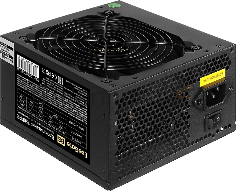 Блок питания ExeGate 750PPE, 750W, (ATX, APFC, SC, КПД 80% (80 PLUS), 12cm fan, 24pin, 2x(4+4)pin, 4xPCI-E, 6xSATA, 3xIDE, black, кабель 220V 1,8м с защитой от выдергивания)