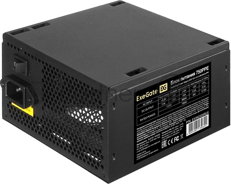 Блок питания ExeGate 750PPE, 750W, (ATX, APFC, SC, КПД 80% (80 PLUS), 12cm fan, 24pin, 2x(4+4)pin, 4xPCI-E, 6xSATA, 3xIDE, black, кабель 220V 1,8м с защитой от выдергивания)
