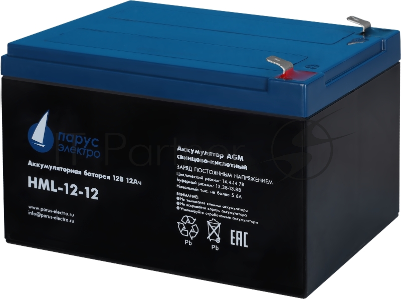 Battery Parus Electro, professional series HML-12-12, voltage 12V, capacity 12Ah (discharge 20 hours), max. discharge current (5sec) 180A, max. charge current 4.8A, lead-acid type AGM, terminals F2, LxWxH 151x98x95mm., full height with terminals 101m