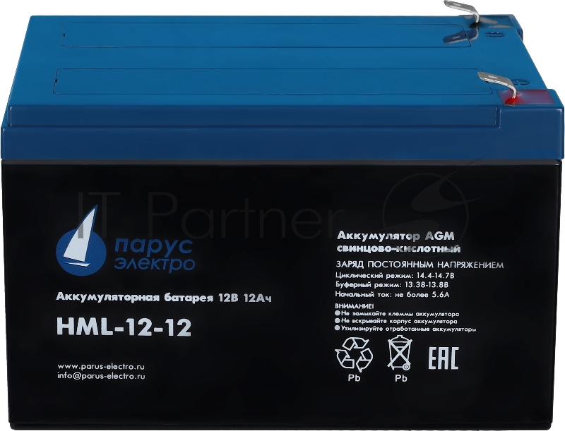 Battery Parus Electro, professional series HML-12-12, voltage 12V, capacity 12Ah (discharge 20 hours), max. discharge current (5sec) 180A, max. charge current 4.8A, lead-acid type AGM, terminals F2, LxWxH 151x98x95mm., full height with terminals 101m