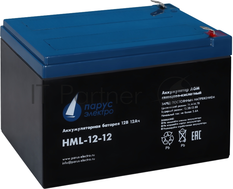 Battery Parus Electro, professional series HML-12-12, voltage 12V, capacity 12Ah (discharge 20 hours), max. discharge current (5sec) 180A, max. charge current 4.8A, lead-acid type AGM, terminals F2, LxWxH 151x98x95mm., full height with terminals 101m