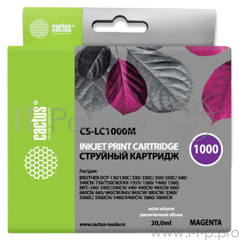Картридж струйный Cactus CS-LC1000M пурпурный для Brother DCP 130C/330С/MFC-240C/5460CN (20мл)