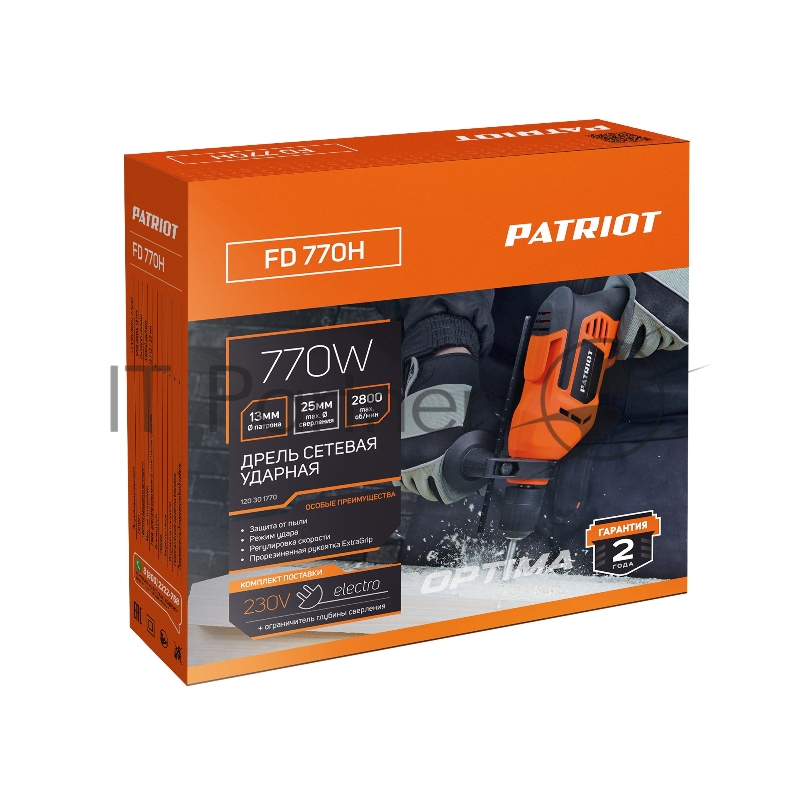 Дрель электрическая ударная PATRIOT FD 770H, 770Вт, 2800об/мин, 44800уд/мин, макс. диаметр сверления 13мм