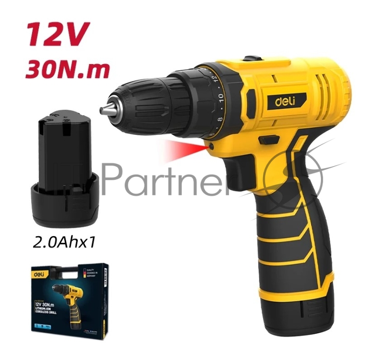 Дрель-шуруповерт аккумуляторная Deli DL-DZ12-5A2 (1 АКБ*2Ач+ЗУ, 12В, 30Нм, кейс)