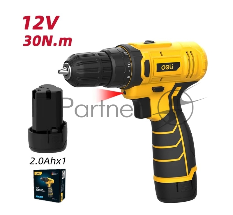 Дрель-шуруповерт аккумуляторная Deli DL-DZ12-4A2 (1 АКБ*2Ач+ЗУ, 12В, 30Нм, коробка)