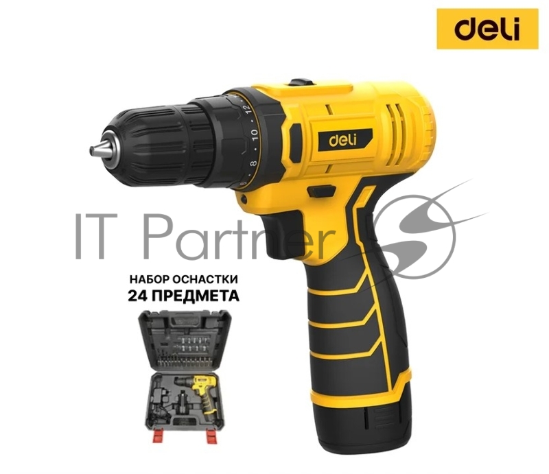 Дрель-шуруповерт аккумуляторная Deli DL-DZ12-6A2 (1 АКБ*2Ач+ЗУ, 12В, 30Нм, набор оснастки 24 предмета, кейс)
