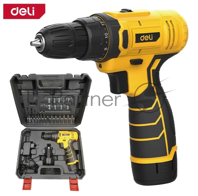 Дрель-шуруповерт аккумуляторная Deli DL-DZ12-6A2 (1 АКБ*2Ач+ЗУ, 12В, 30Нм, набор оснастки 24 предмета, кейс)