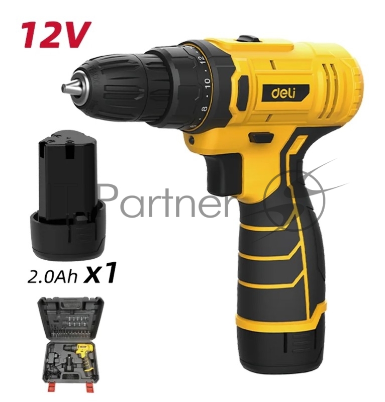 Дрель-шуруповерт аккумуляторная Deli DL-DZ12-6A2 (1 АКБ*2Ач+ЗУ, 12В, 30Нм, набор оснастки 24 предмета, кейс)