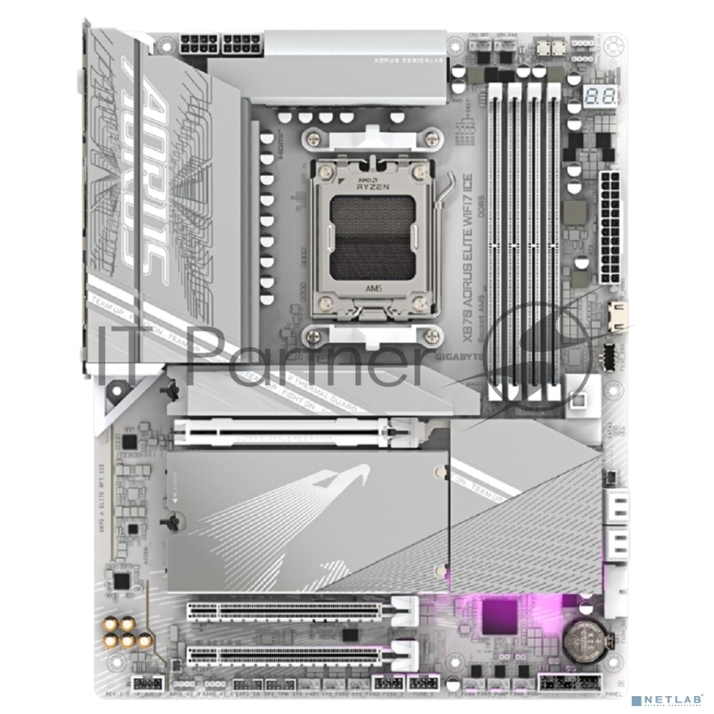 Материнская плата GIGABYTE X870 AORUS ELITE WIFI7 ICE, AM5, AMD X870, 4xDDR5, 4xSATA, 4xM.2, 1xPCI-E 5.0 x16, 1xPCI-E 4.0 x4, 1xPCI-E 3.0 x2, 1xHDMI, 1x 2.5Gb LAN, 2xUSB-C 4.0, 2xUSB 3.2 Gen 2, 4xUSB 3.2 Gen 1, 4xUSB 2.0, 2x3.5 мм, 7.1, ATX