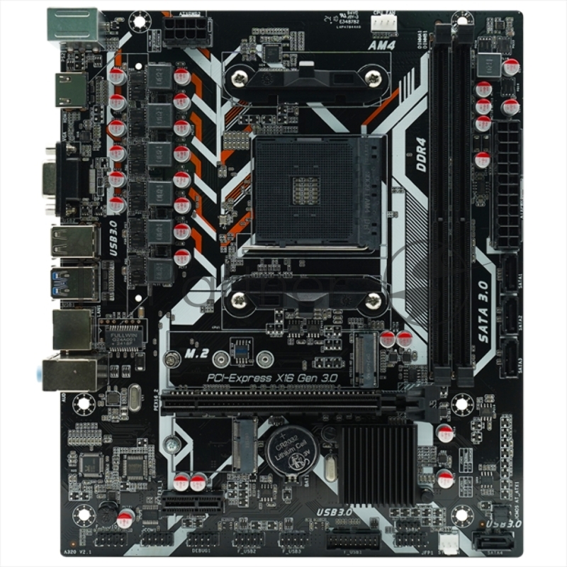 Материнская плата AFOX AMD A320 AM4, 2xDDR4(32GB), 1xPCIe 3.0x16, 1xPCIe x1, 1xMPCIe, 1xHDMI, 1xD-Sub, 1xLAN(1GbE), 4xSATA, 1xM.2, 2xUSB 3.0, 2xUSB 2.0, 2xPS/2, mATX