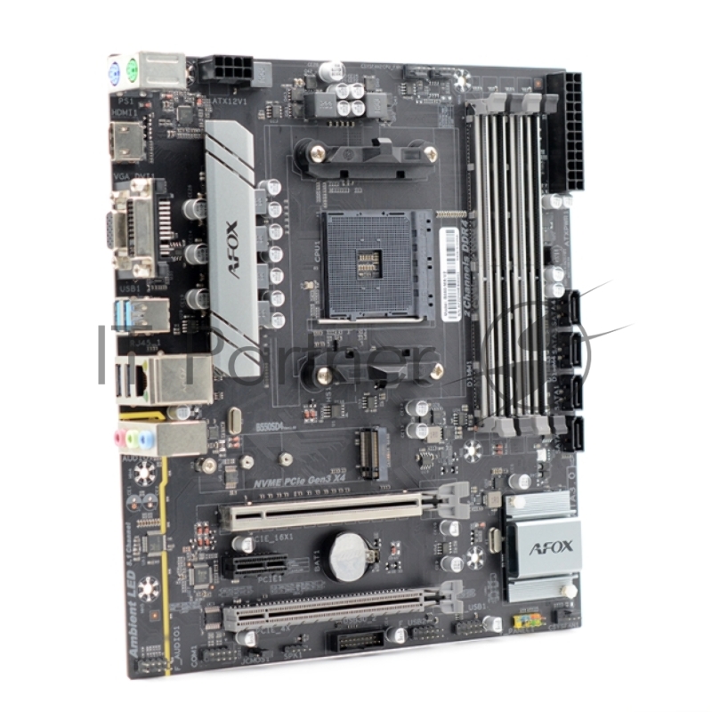 Материнская плата AFOX AMD B550 AM4,2xDDR4(64GB), 1xPCIe 3.0x16, 1xPCIe x1, 1xHDMI, 1xD-Sub, 1xLAN(1GbE), 4xSATA, 1xM.2, 4xUSB 3.0, 2xUSB 2.0, 2xPS/2, mATX