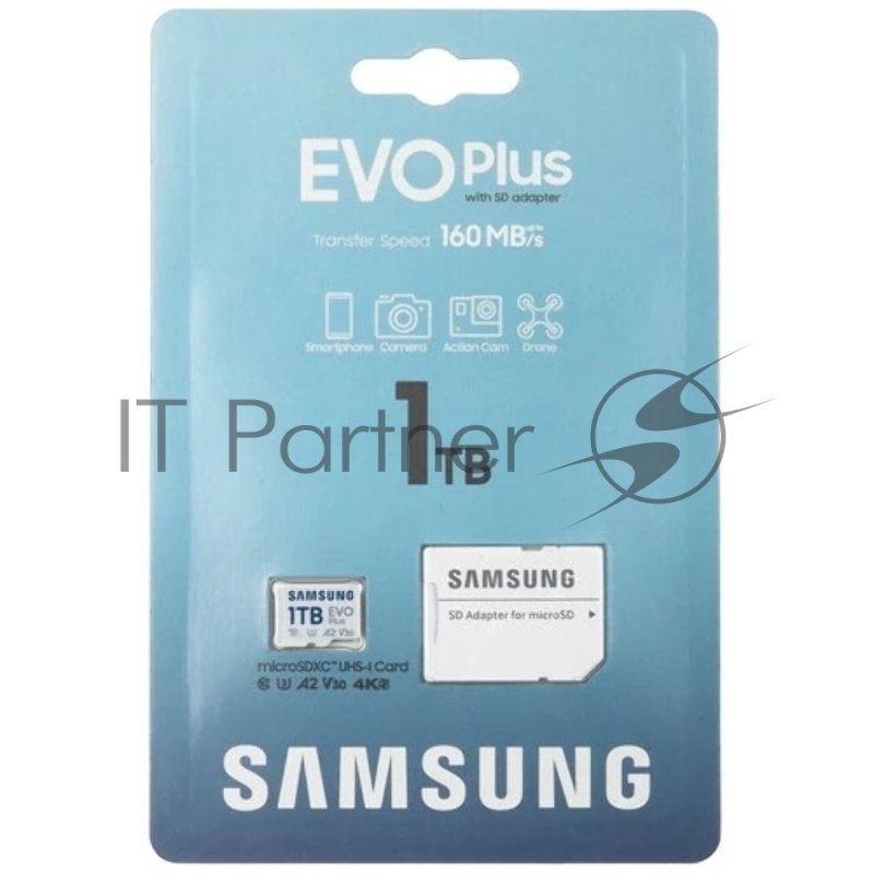 Карта памяти Samsung EVO Plus, microSDXC 1TB, Class 10, A2, V30, UHS-I (U3), W 90 МБ/с, R 160 МБ/с, адаптер на SD