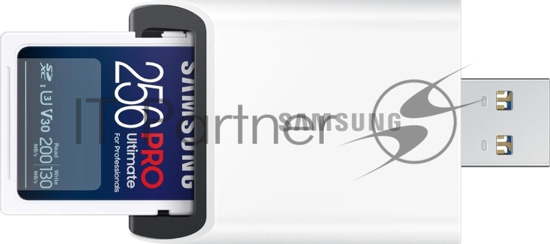 Карта памяти Samsung PRO Ultimate, SDXC 256GB с адаптером USB, W130МБ/с, R200МБ/с