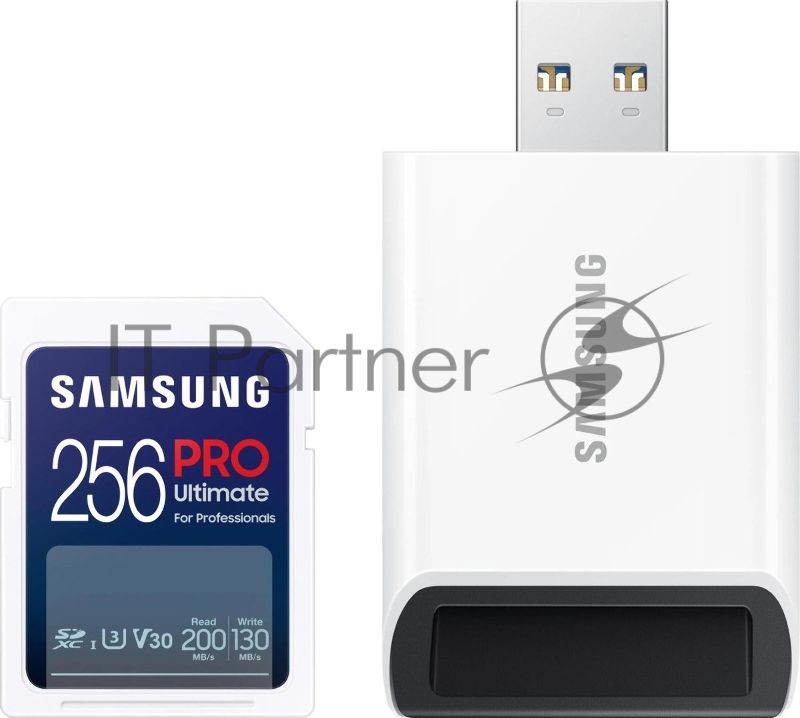 Карта памяти Samsung PRO Ultimate, SDXC 256GB с адаптером USB, W130МБ/с, R200МБ/с