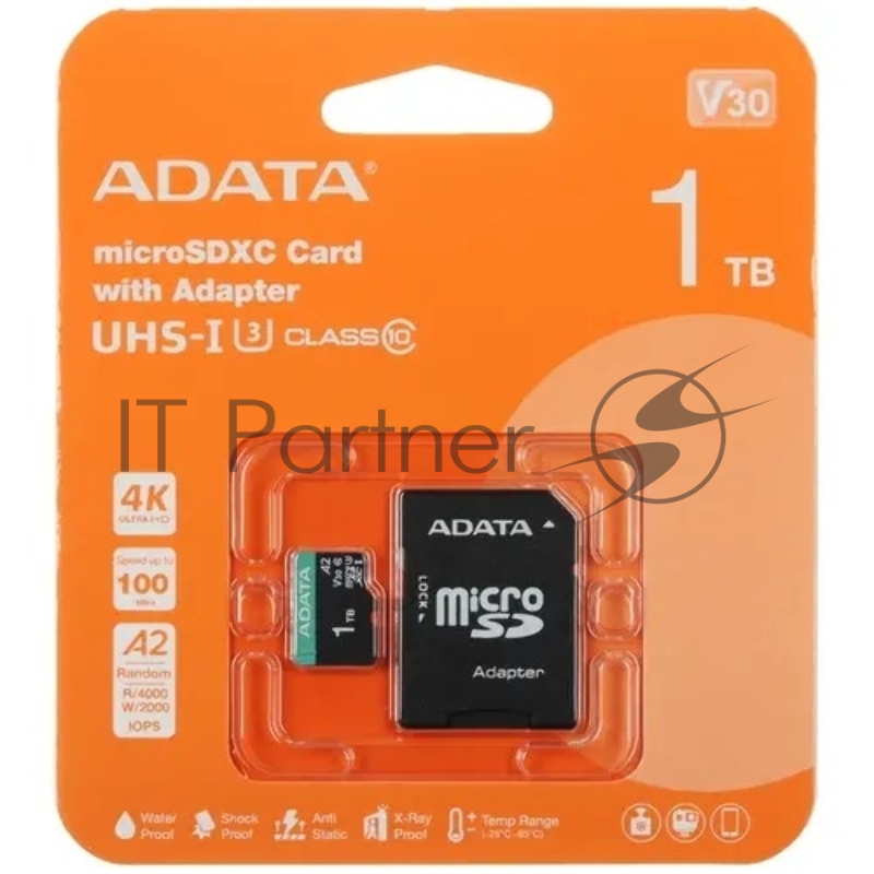 Карта памяти A-DATA AUSDX1TUI3V30SA2-RA1, 1TB microSDXC Class 10 UHS-I U3 V30S A2 100/80 MB/s (SD адаптер)