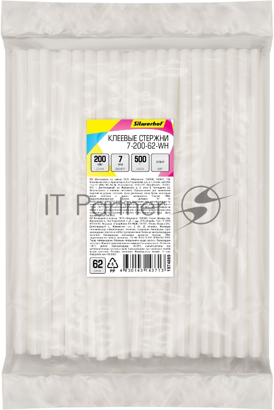Клеевые стержни Silwerhof 7-200-62-WH дл.200мм D7мм белый упак:62шт