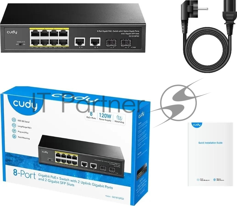 Коммутатор Cudy GS1010PS2, (L2) 10x1Гбит/с 2xКомбо(1000BASE-T/SFP) 2SFP 8PoE 120W, неуправляемый