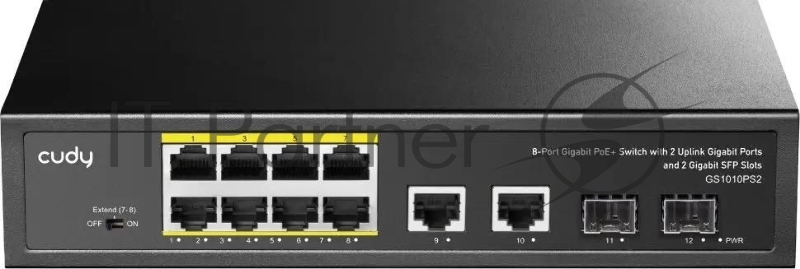 Коммутатор Cudy GS1010PS2, (L2) 10x1Гбит/с 2xКомбо(1000BASE-T/SFP) 2SFP 8PoE 120W, неуправляемый