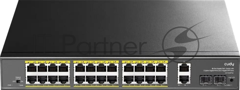 Коммутатор Cudy GS1026PS2, (L2) 26x1Гбит/с 2xКомбо(1000BASE-T/SFP), 2SFP, 24PoE, 300W, неуправляемый