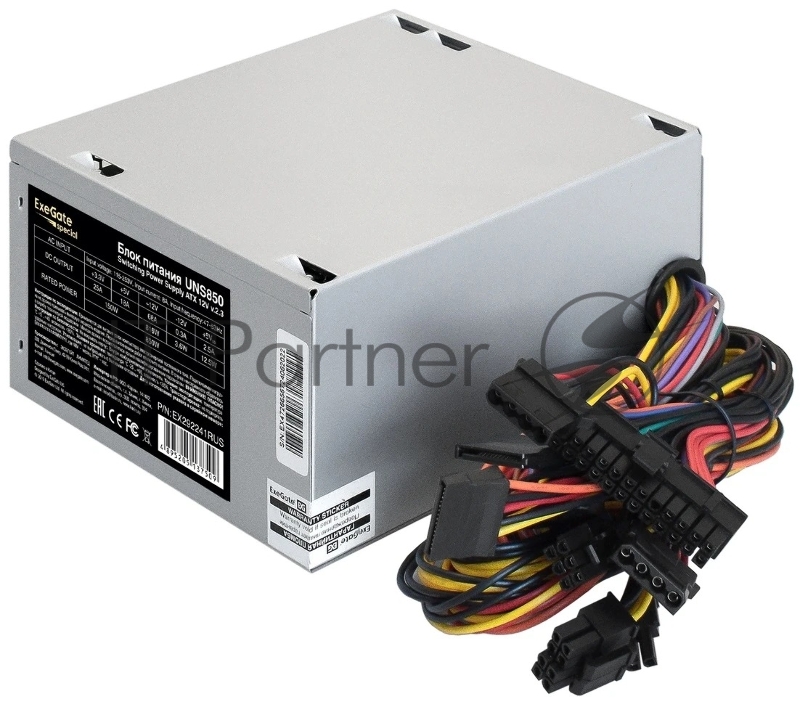 Блок питания ExeGate UNS850, 850W, ATX, SC, 12cm fan, 24pin, 2x(4+4)pin, 2xPCI-E, 5xSATA, 3xIDE, кабель 220V 1,8м с защитой от выдергивания