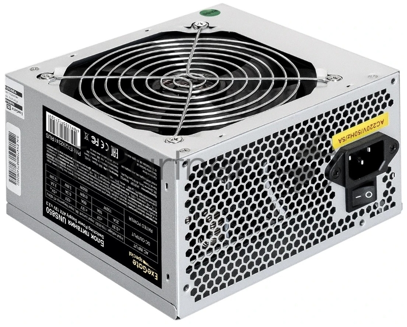 Блок питания ExeGate UNS850, 850W, ATX, SC, 12cm fan, 24pin, 2x(4+4)pin, 2xPCI-E, 5xSATA, 3xIDE, кабель 220V 1,8м с защитой от выдергивания