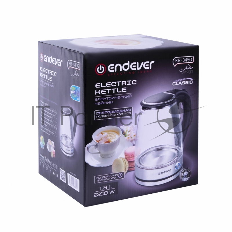 Чайник электрический Endever Skyline KR-345G, стальной/черный, мощность 2200 Вт, емкость 1,8 л, сталь/стекло, скрытый нагр.элем , 12 шт/уп.