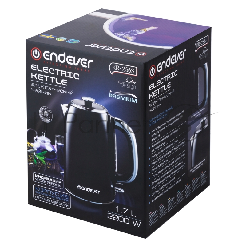 Чайник электрический Endever Skyline KR-256S, мощность 2200Вт, цвет черный, Объем 1,7л, корпус из нерж. стали, 6 шт/уп