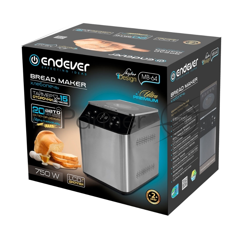 Хлебопечь электрическая Endever Skyline MB-64, стальной/черный, мощность 750 Вт, LСD дисплей, вес выпечки 750/1000/1250г,20 автопрограмм, 1 шт/уп.