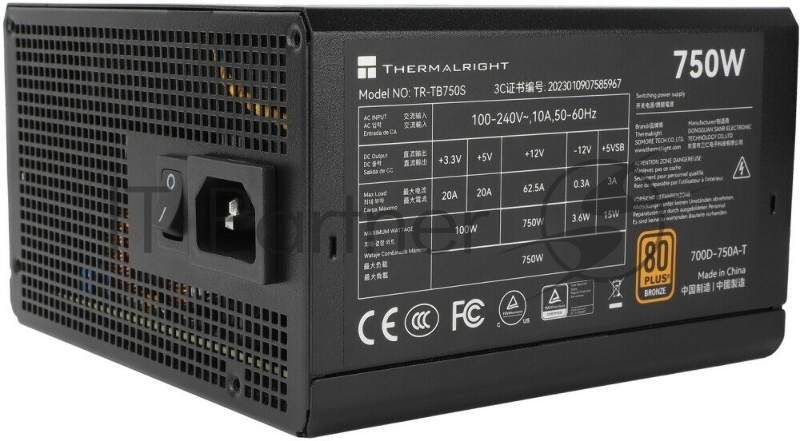 Блок питания Thermalright TR-TB750S, 750W 80+ Bronze (ATX, 3, PCIe 5.0, Non-modular, 1x24(20+4)pin 550mm, 1xCPU*2 8(4+4)pin 600+150mm, 1xPCIe*2 8(6+2)pin 500+150mm, 1x12VHPWR PCIe 5.0 12+4pin 600mm, 1xSATA*3+MOLEX4pin*1 400+150+150+150mm, 1xSATA*2+MO