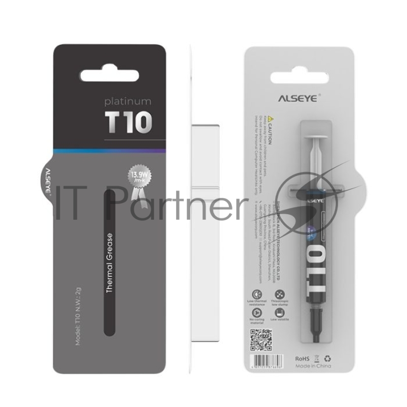 Термопаста ALSEYE T10 Thermal conductivity: 13.9W/m-k Color: Gray Conductivity: non-conductive specific gravity: 2.7g / cm³@25℃ Capacity: 1.2ml Weight: 2G
