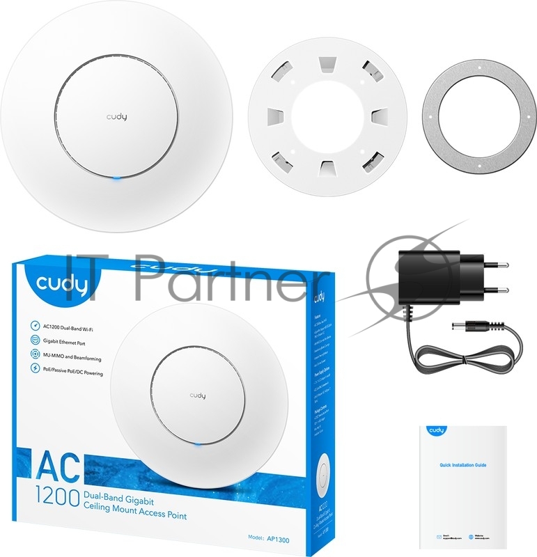 Точка доступа CUDY AC1200 Dual Band Gigabit Ceiling Mount Access Point, MT7621DAN+MT7613B+MT7603E, 867Mbps at 5GHz + 300Mbps at 2.4GHz, 1 x GbE RJ45 Port, Support 12V DC or 802.3af PoE or Passive PoE, Internal Antennas, 48V passive PoE adapter includ