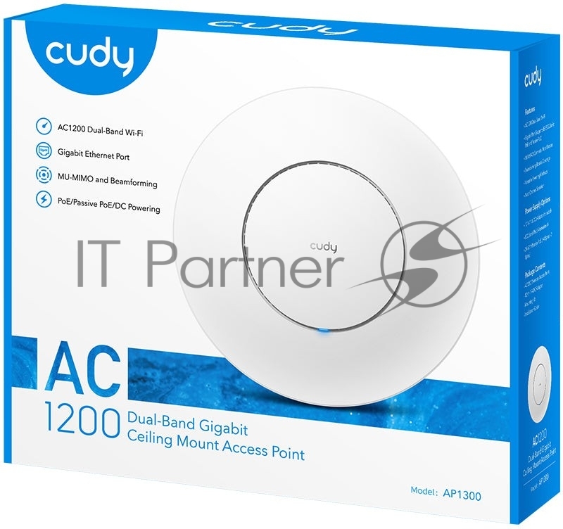 Точка доступа CUDY AC1200 Dual Band Gigabit Ceiling Mount Access Point, MT7621DAN+MT7613B+MT7603E, 867Mbps at 5GHz + 300Mbps at 2.4GHz, 1 x GbE RJ45 Port, Support 12V DC or 802.3af PoE or Passive PoE, Internal Antennas, 48V passive PoE adapter includ