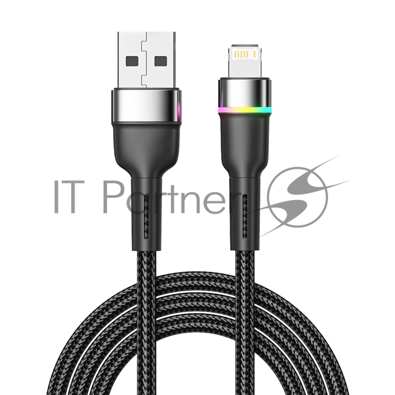 Кабель USB-A – Lightning для Apple, 2,4А, 1м, в черной нейлоновой оплетке, с LED подсветкой REXANT