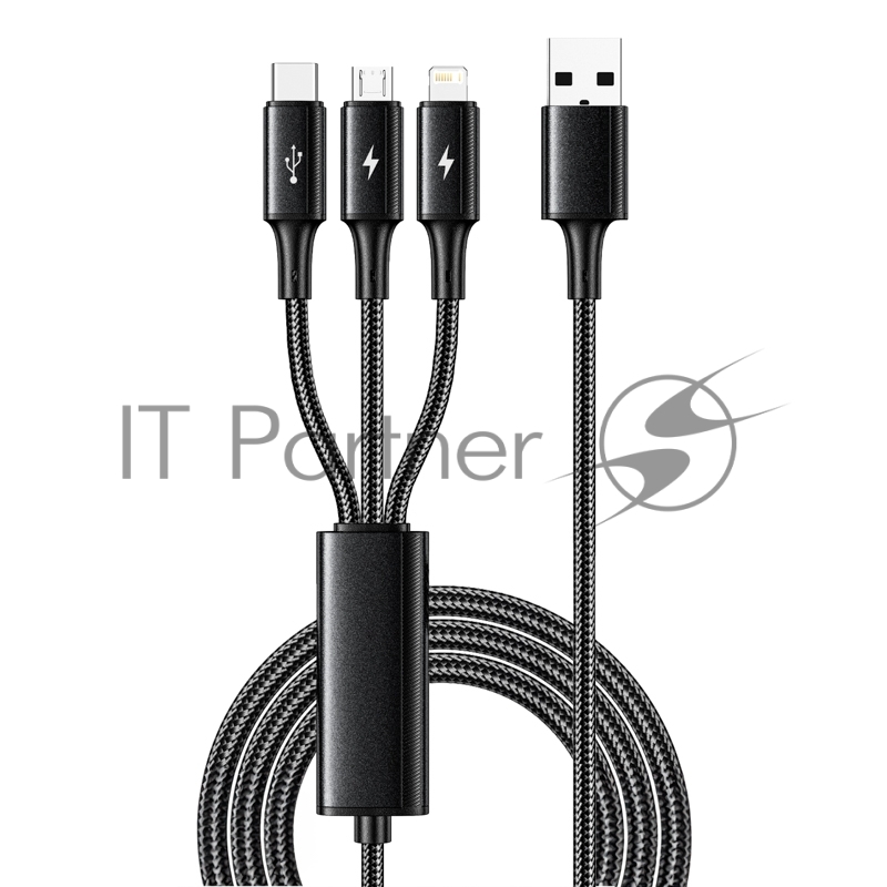 Кабель USB 3в1 Type-С (6A), Lightning (2,4A), micro USB (3A) 1,2м, в черной оплетке REXANT
