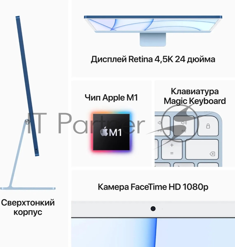 Моноблок Apple iMac A2438 24 4.5K M1 8 core 8Gb SSD256Gb 8 core GPU macOS GbitEth WiFi BT клавиатура мышь Cam синий 4480x2520