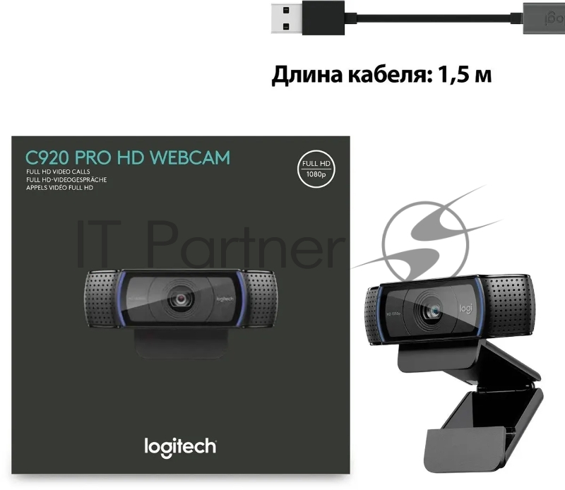 Веб-камера Logitech C920 HD Pro Webcam (Full HD 1080p/30fps, автофокус, угол обзора 78°, стереомикрофон, кабель 1.5м) (арт. 960-000998, M/N: VU0062)