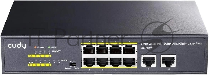 Коммутатор CUDY 8 RJ-45 10/100/1000M PSE ports +2 RJ45 10/100/1000 Uplink Port Unmanaged PoE+ Switch 120W, CCTV/VLAN mode support, long distance:250M at CCTV mode. 802.3af/at standard, Aternative 1/2(+),3/6(-), Rack-mountable Steel Case, Watchdog,