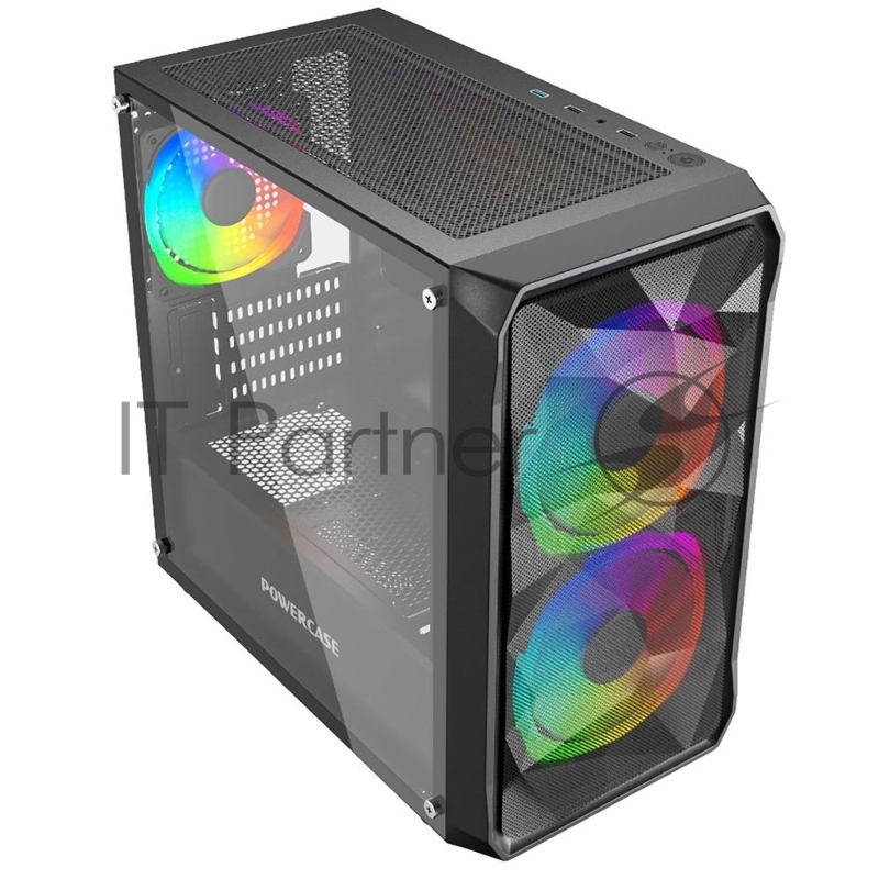 Корпус компьютерный Powercase Mistral Micro A3B ARGB, Tempered Glass, 2x 140mm ARGB PWM+1x 120mm ARGB PWM, чёрный, mATX (CMMAB-A3)