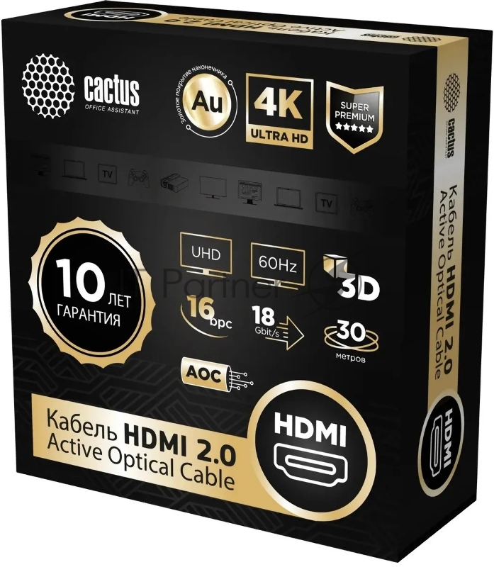 Кабель аудио-видео Cactus CS-HDMI-AOC-2-30 HDMI (m)/HDMI (m) 30м. позолоч.конт. черный