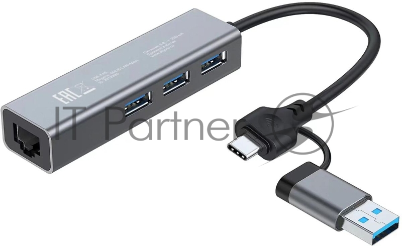 Разветвитель USB-C Digma DHUB-LAN-4port 4порт. черный