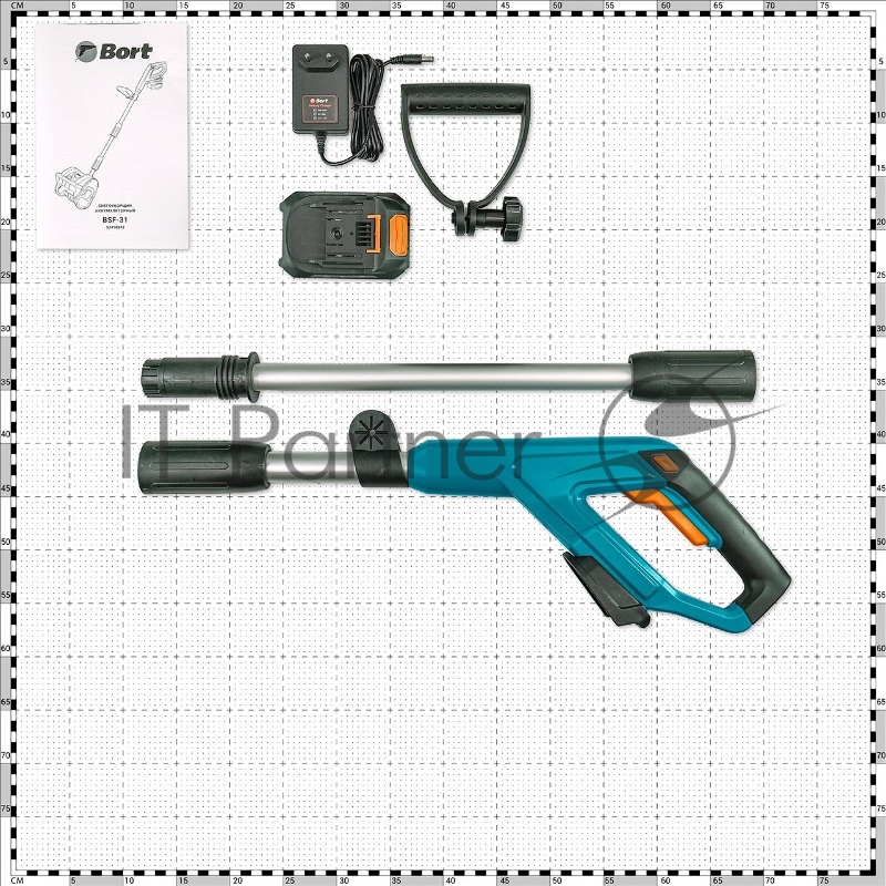 Снегоуборщик аккумуляторный Bort BSF-31 (АКБ 18V Li-Ion, Ширина захвата 30 см, Высота захвата 15 см, Дальность выброса 0,5 м Вес 4 кг, 1х 4Ач АКБ и ЗУ)