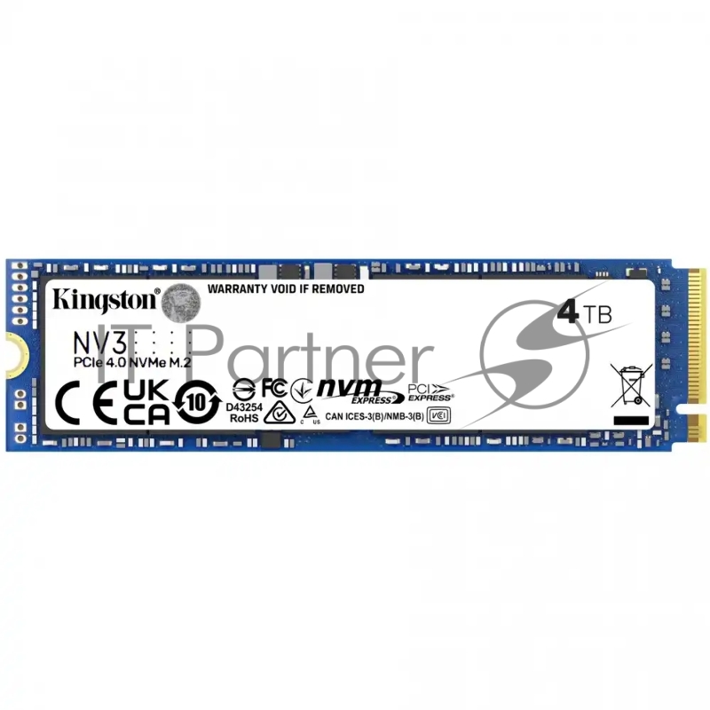 Твердотельный накопитель Kingston SSD NV3, 4000GB, M.2(22x80mm), NVMe, PCIe 4.0 x4, R/W 6000/5000MB/s, TBW 1280, DWPD 0.3 (12 мес)