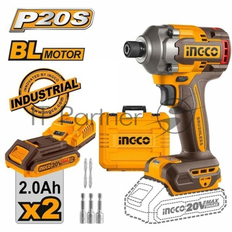 Аккумуляторный импульсный винтоверт Ingco CIRLI2028, 20В BL, 285Hm, 2хАКБ FBLI20011 и ЗУ FCLI2001, кейс